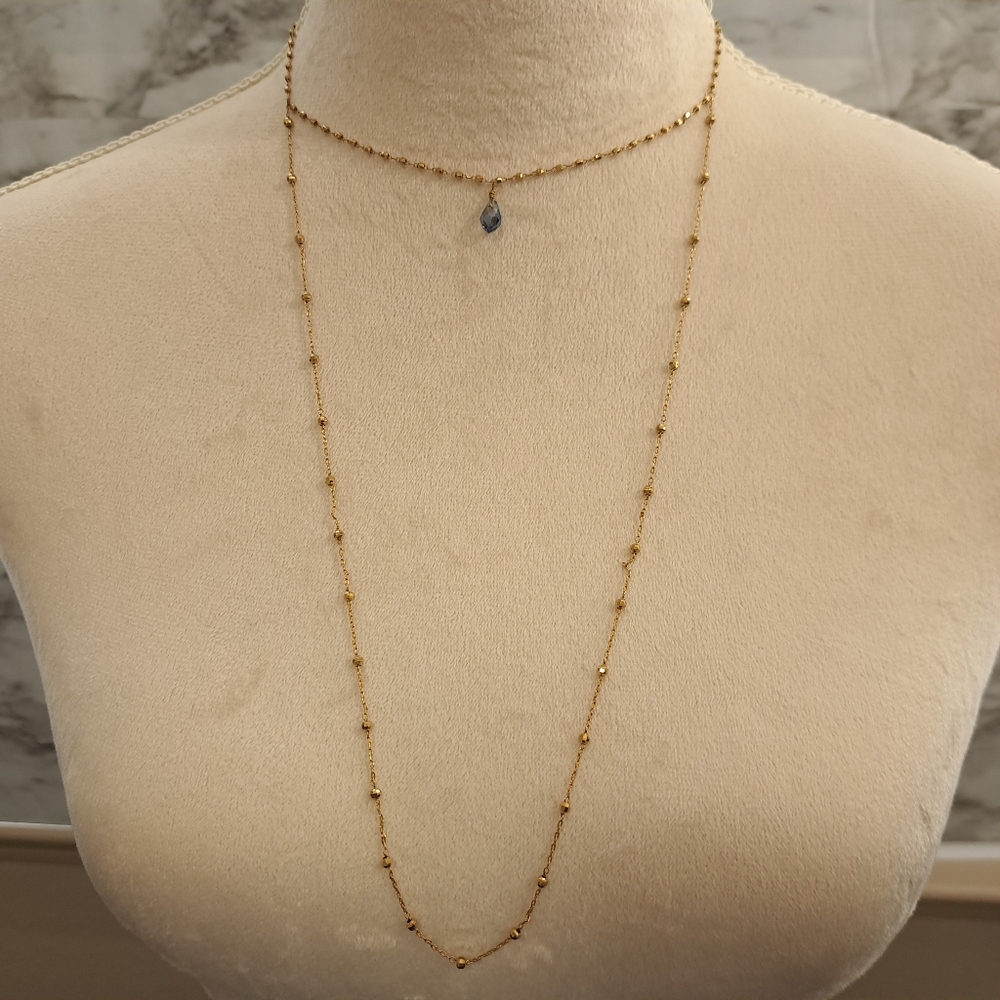 Women's Gold Tone Necklace Faux Blue  Stone 13 in + 4 in of‎ extension
